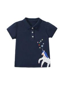Dunkelblaues Polo-T-Shirt aus Baumwolle für Mädchen mit Einhorn-Stickerei auf Weiß