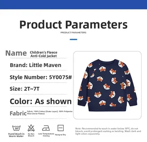 Detail view of cotton fleece hoodie for kids with orange fox print and size chart
