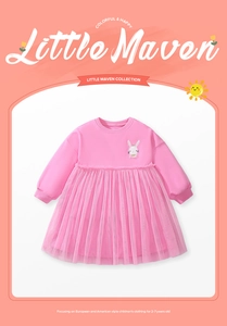 Detailed close-up of a pink long-sleeved girls' dress with a white bunny embroidery detail