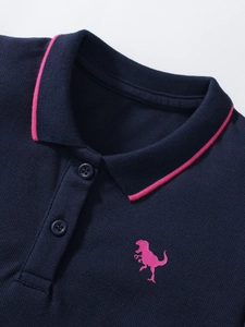 Meisjes Marineblauw Katoen Korte Mouw Polo Jurk Met Roze Dinosauriër Borduurwerk Zomer Casual Prinses A-Lijn Jurk Kinderen