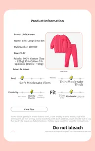Detailed sizing and 100% cotton material specs for pink girls long sleeve tracksuit set