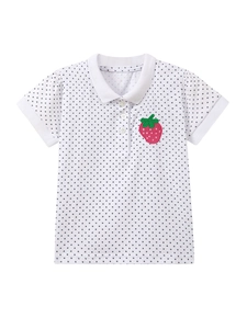 White cotton kids Polo shirt with star print and strawberry embroidery for girls