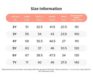 Detailed size chart for girls tulle dress showing measurements from 2Y to 7Y in cm
