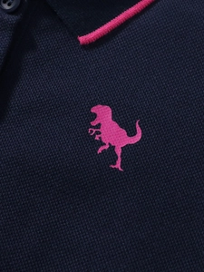 Marineblauw polo-jurkje voor meisjes met roze dinosaurus borduurwerk en kraag