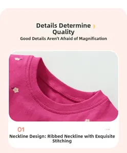 Detalle del cuello de canalé y estampado floral en vestido rosa de algodón niña
