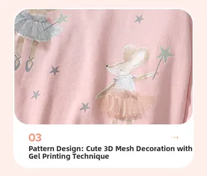 Close-up of pink cotton knit with mouse ballerina print and 3D mesh tutu detail