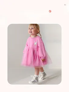 Pink toddler long-sleeve princess dress with cute bunny applique and layered tulle skirt