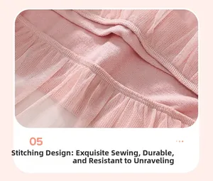 Close-up of pink mesh stitching and durable double-needle sewing on girl's cotton outfit