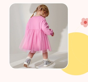 Rear view of a pink long sleeve dress for girls with tutu mesh skirt and cotton top
