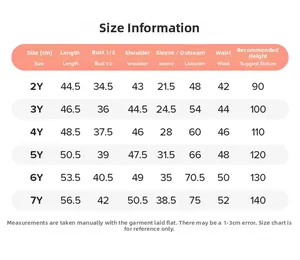 Detailed size information chart for girls clothing set including top and bottom measurements