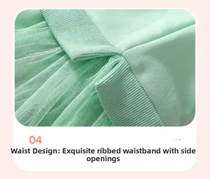 Détail d'une robe en tulle vert menthe avec taille côtelée et maille multicouche