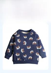 Detailed view of kids navy cotton sweatshirt with fox prints and warm fleece lining
