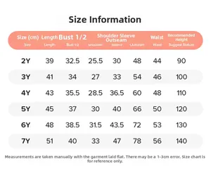 Detailed size chart for kids' long-sleeve embroidered sets from ages 2Y to 7Y