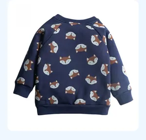 Detailed back view of navy blue kids cotton sweatshirt with fox print and ribbed cuffs