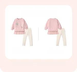 Detailed front and back view of pink girls long sleeve outfit with cartoon deer and tulle