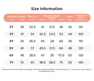 Detailed size chart for girls clothing set including top and pants measurements for ages 2Y-7Y
