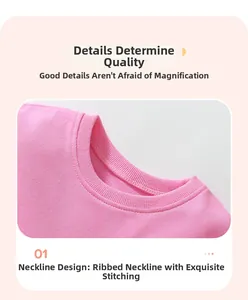 Detail of pink cotton dress showing reinforced rib-knit crewneck and double-needle stitching