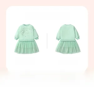 Vue avant et arrière de la robe tutu vert menthe à manches longues pour filles avec polaire