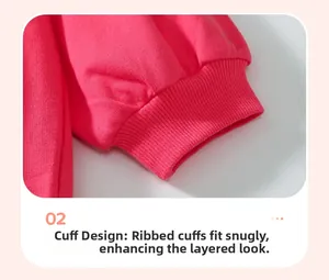 Close-up of ribbed cuffs and soft cotton knit fabric on pink girl's sweatshirt set