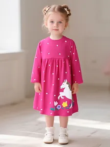Vestido Little Maven para Niñas de Algodón Manga Larga Fucsia Unicornio Bordado Aplique Floral Princesa Fiesta