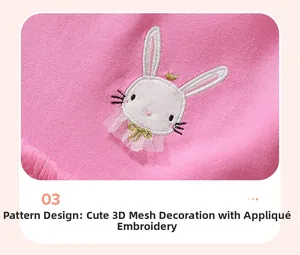 Detail of pink cotton girl dress showing rabbit applique and mesh crown embroidery