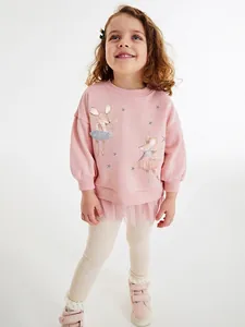 Little Maven Girls Pink Mouse Printed Long Sleeve Sweatshirt Tulle Mesh Hem Top And Ribbed Leggings Set Two Piece Kids Clothes