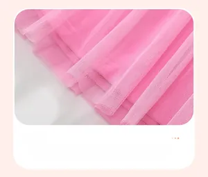 Detailed close-up of pink layered mesh tutu skirt for girls' long-sleeve cotton dress