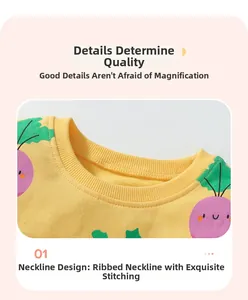 Detail of yellow cotton sweatshirt with rib knit neckline and cartoon purple turnip print