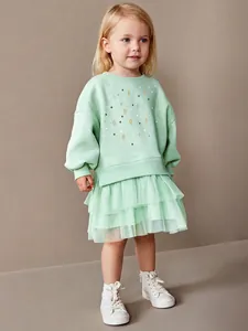 Robe de Princesse à Manches Longues pour Filles Vert Menthe Motif Fleurs Étoiles Jupe en Tulle Maille Doublée Polaire Automne