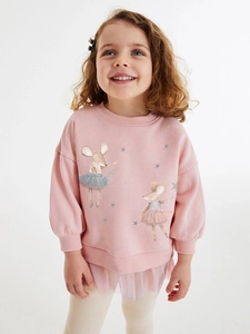 Pink long-sleeve sweatshirt with ballerina mice print and tulle skirt for girls
