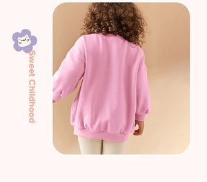 Detail view of pink long sleeve sweatshirt for girls featuring Sweet Childhood text