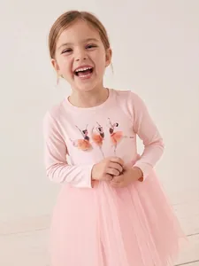 Little Maven Mädchen Langarm Baumwollkleid Rosa Ballett Tänzerin Mesh Tüll Prinzessin Partykleid Für Kleinkinder Kinder