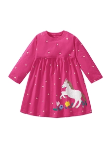 Vestido de algodón de manga larga para niña en rosa con estampado floral y bordado