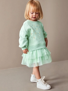 Ensemble princesse fille avec sweat à manches longues vert menthe et jupe en tulle