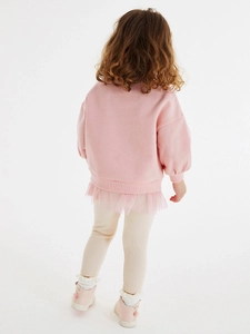 Pink toddler girls long sleeve sweatshirt with tulle hem and white leggings outfit