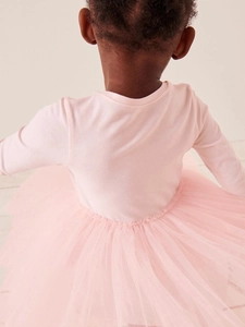 Rosa Kleinkind langarm Baumwollkleid mit Tüllrock und Zeichentrickdruck Rückansicht