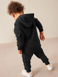 Boys black cotton hooded sweatshirt set with cargo pockets for casual autumn wear