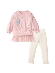 Pink long sleeve toddler girl set with cartoon mouse and mesh tutu hem with white leggings