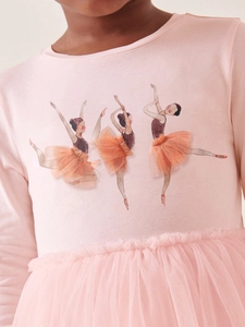 Rosa Baumwoll-Tutu-Kleid für Mädchen mit Ballerina-Illustration und luftigem Tüllrock