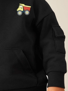 Boys black hooded sweatshirt with cartoon dump truck and utility pocket on sleeve