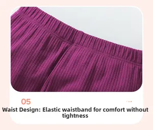 Close-up of girls purple ribbed sweatshirt elastic waistband showing stretch and texture