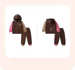 Kids dinosaur tracksuit set with brown hoodie featuring 3D pink spikes and jogger pants