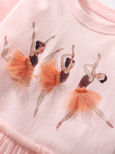 Rosa Baumwollkleid für Mädchen mit 3D-Balletttänzerinnen und orangefarbenem Tüllrock-Detail