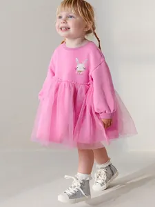 Girls Pink Long Sleeve Dress Bunny Embroidery Cotton Mesh Splicing Toddler Princess Tutu Dress For Autumn Party Sweet Kids Clothing