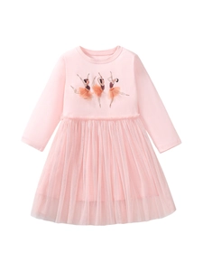 Rosa langärmeliges Mädchenkleid aus Baumwolle mit Ballerina-Print und Tüllrock