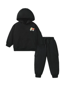 Black toddler boys hoodie set with long sleeves and yellow dump truck print detail
