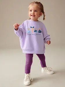 Completo da Bambina Viola Lavanda Felpa a Maniche Lunghe e Pantaloni a Costine Con Ricamo di Verdure Cartoon Abbigliamento Autunnale Casual