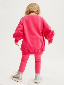 Girls bright pink long sleeve knit sweatshirt and jogger set with ribbed cuffs
