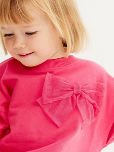 Girls rose red crew neck sweatshirt with a large mesh bow detail and soft cotton fabric