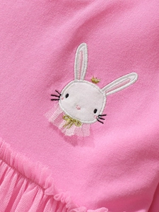 Pink cotton girls long sleeve dress featuring rabbit embroidery and layered mesh skirt
